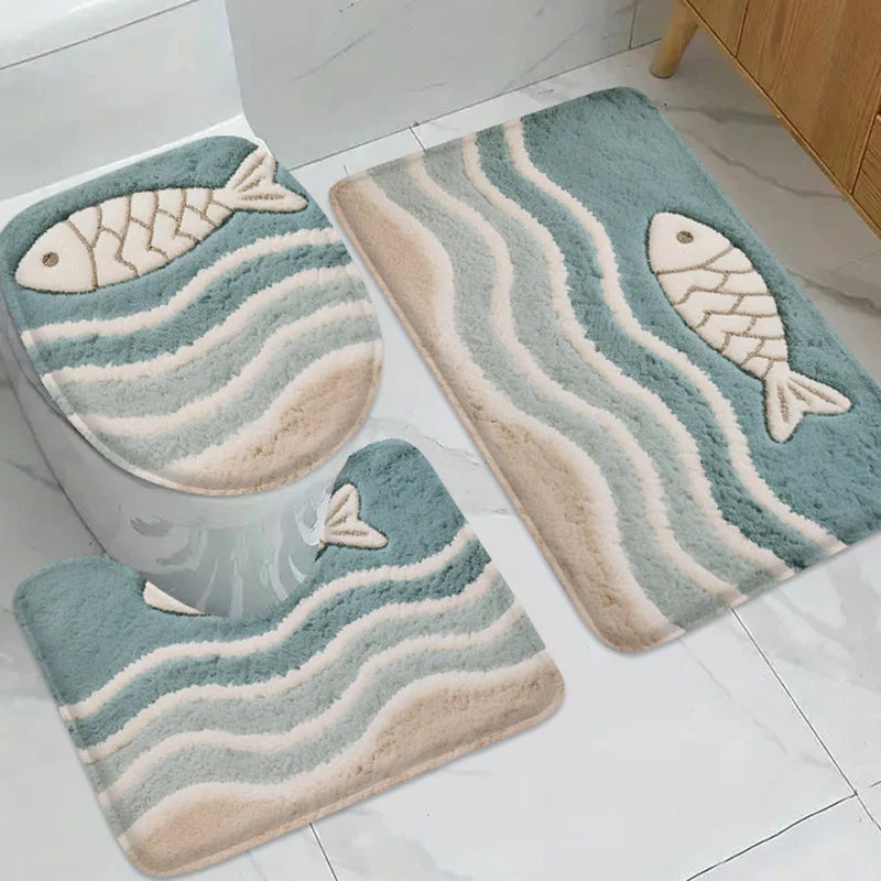 Fish and Wave Line Printed Pattern Bathroom Non Slip Mat - ATSProducts