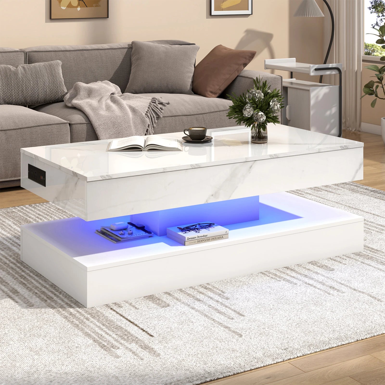 QiaoShiRen High Glossy LED Coffee Tables With Open Display Shelf & Large Storage Space - ATSProducts