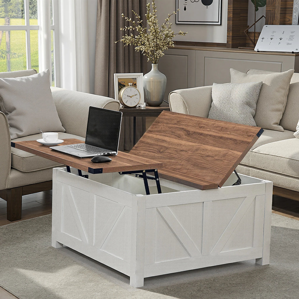 Redlife Farmhouse 34.6" Coffee Table w/ Storage Lift Top Square Ottoman with  Charging Station - ATSProducts