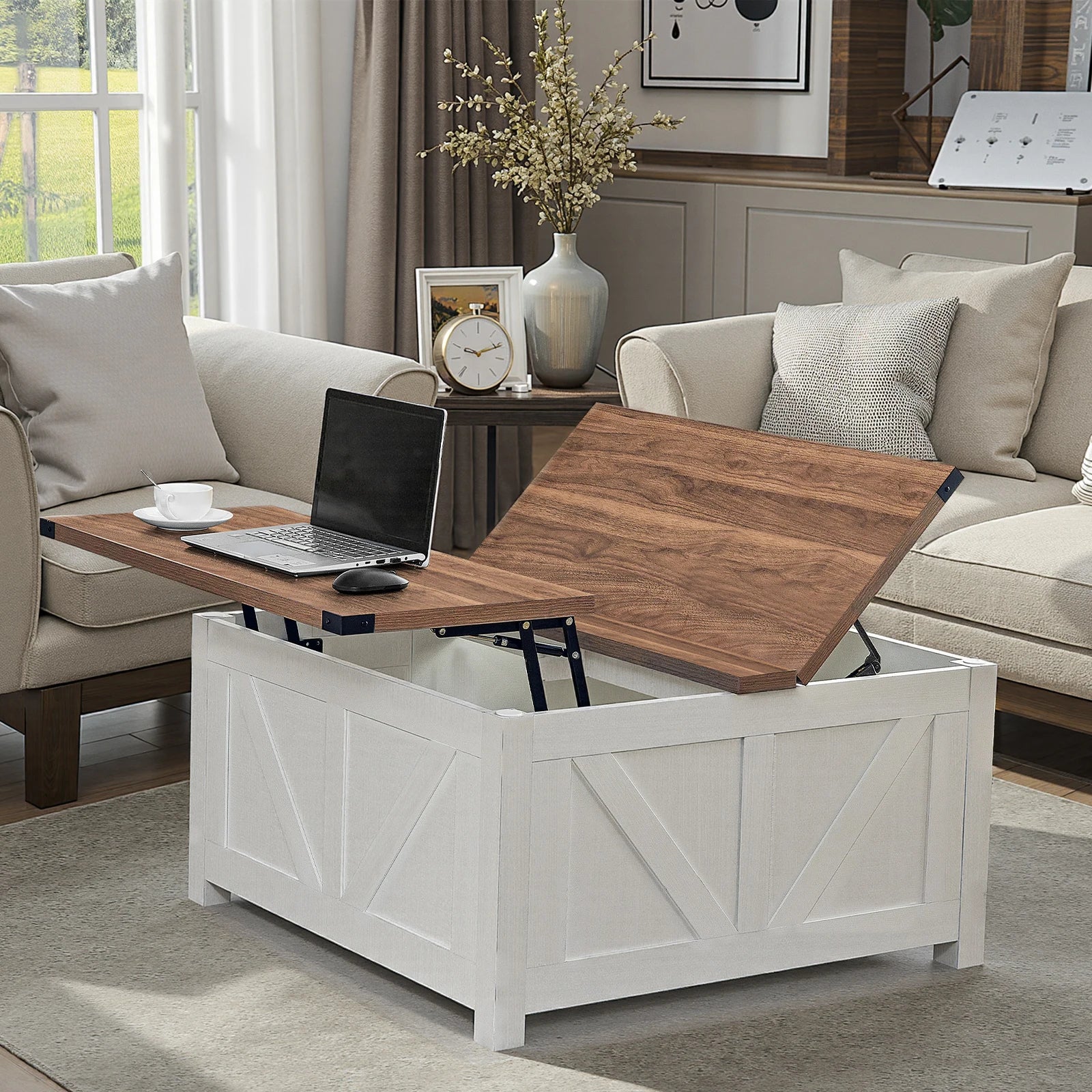 Redlife Farmhouse 34.6" Coffee Table w/ Storage Lift Top Square Ottoman with  Charging Station - ATSProducts