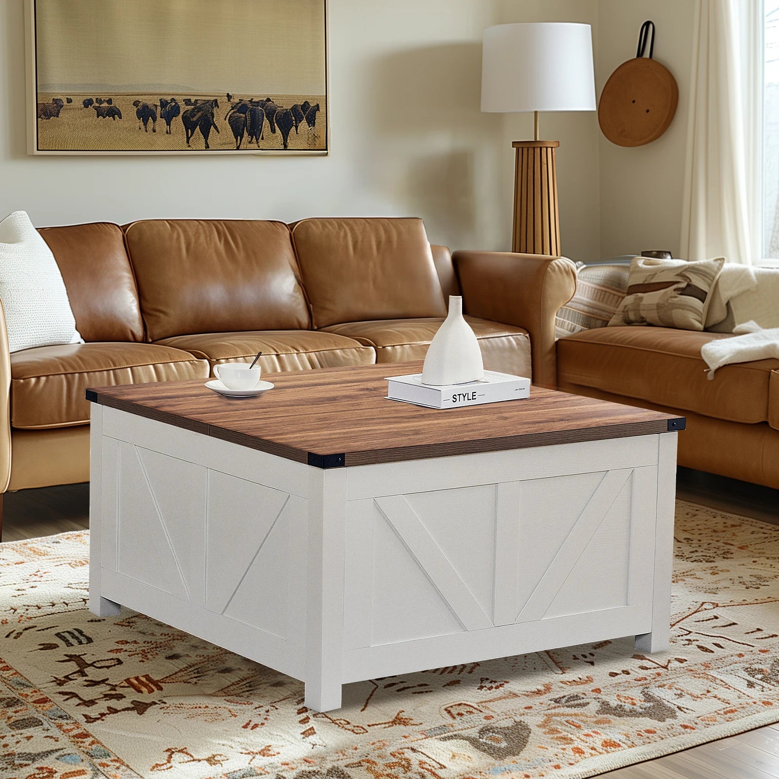 Redlife Farmhouse 34.6" Coffee Table w/ Storage Lift Top Square Ottoman with  Charging Station - ATSProducts