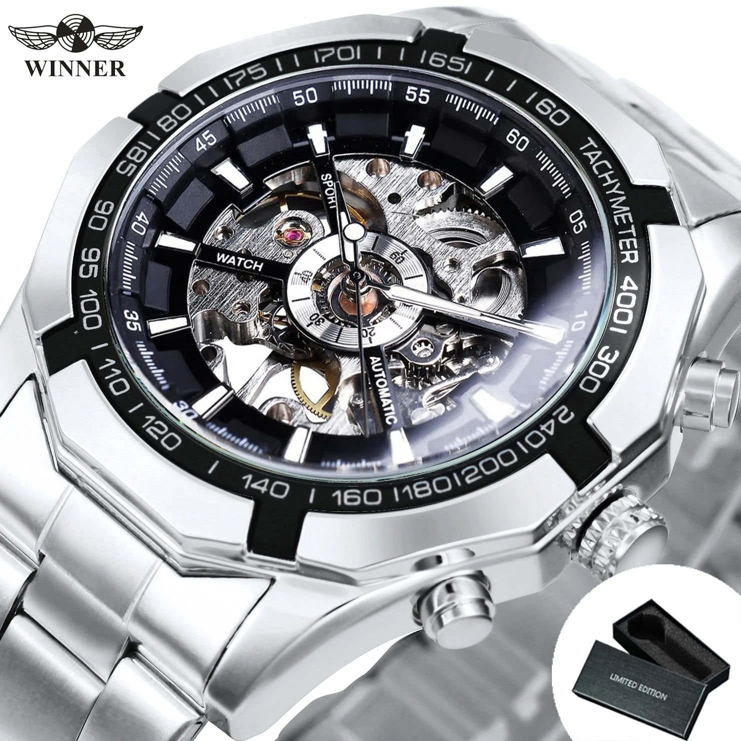 Skeleton Watch Luminous Hands Mechanical Watches Stainless Steel - ATSProducts