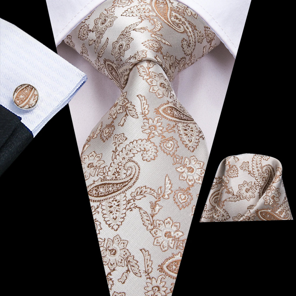 Hi-Tie Floral Champagne Ivory Mens Elegant Necktie - ATSProducts