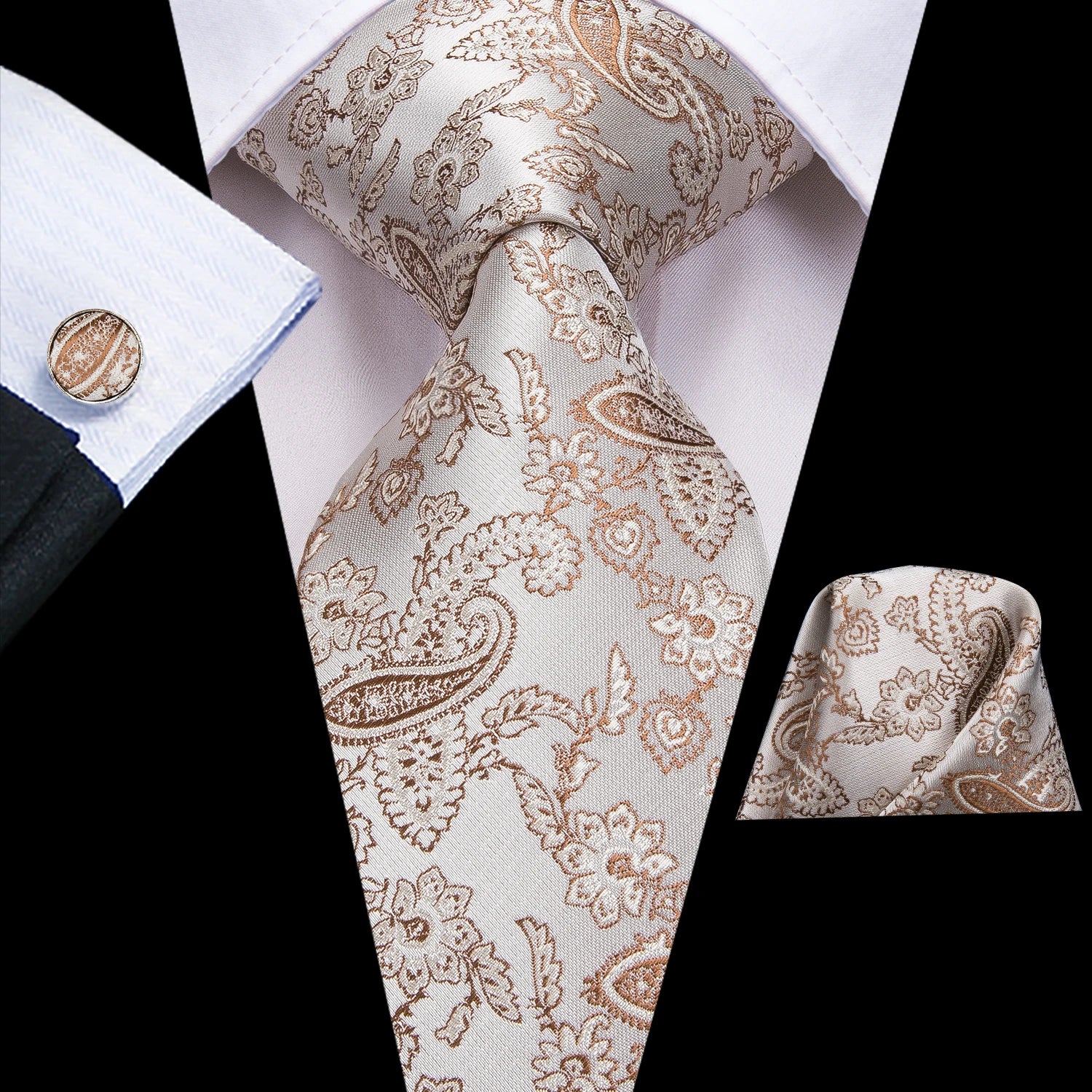 Hi-Tie Floral Champagne Ivory Mens Elegant Necktie - ATSProducts