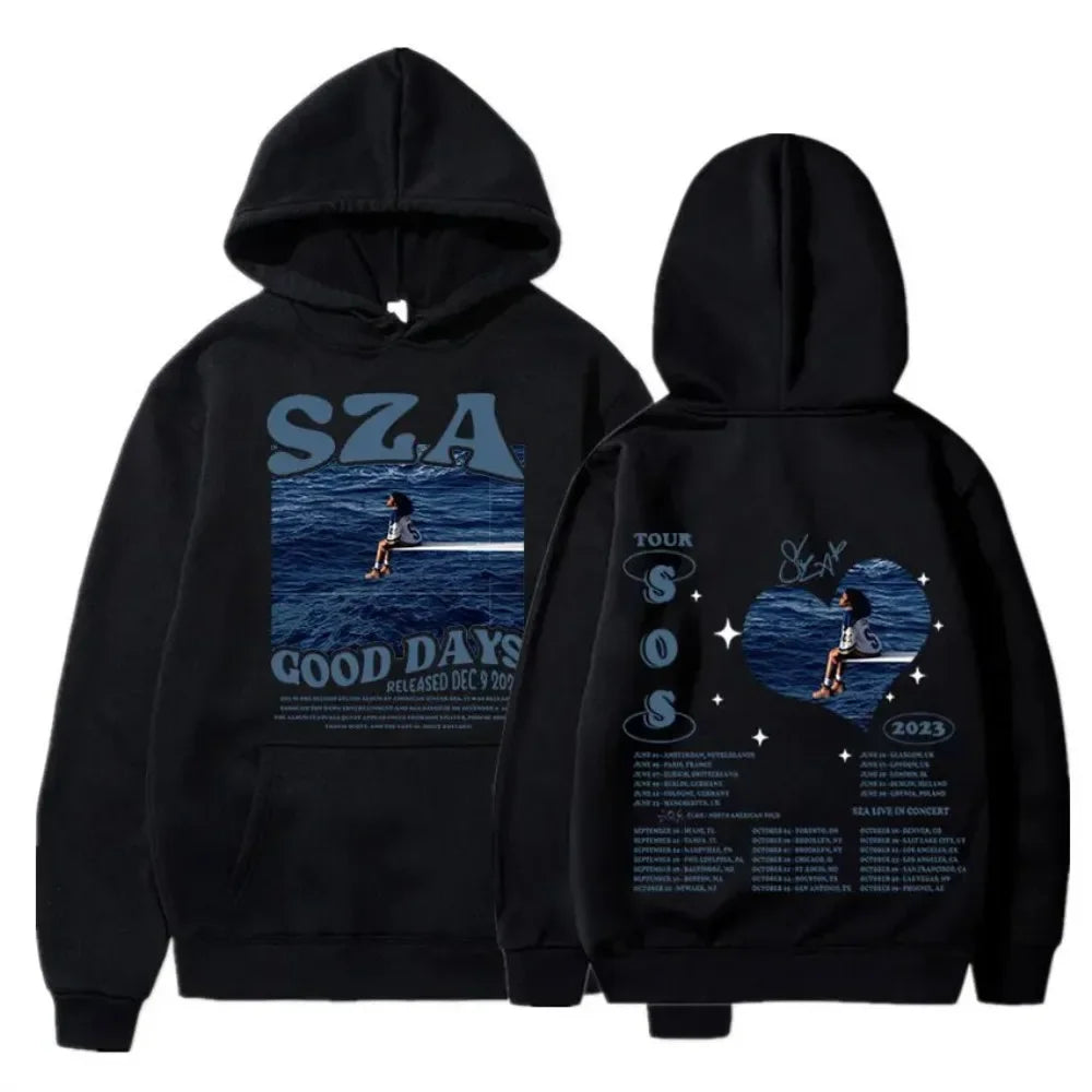 Front view of SZA SOS Good Days printed hoodie in black with Harajuku streetwear design.