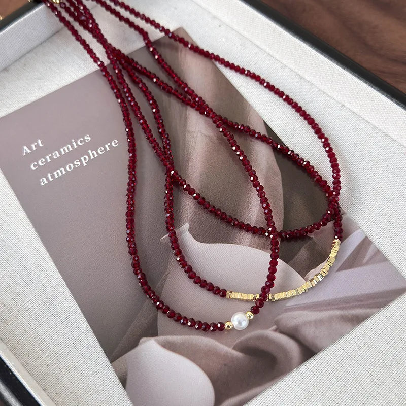 MissNice Red Pearl Bead Necklace