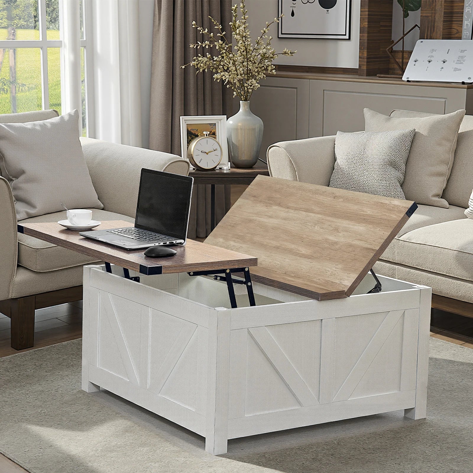 Redlife Farmhouse 34.6" Coffee Table w/ Storage Lift Top Square Ottoman with  Charging Station - ATSProducts