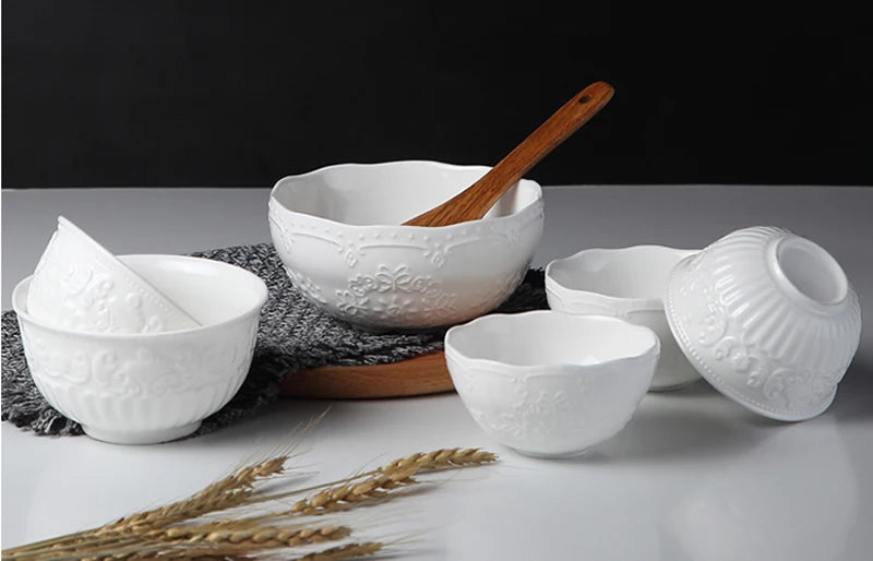 4/5/6inch, white embossed porcelain salad bowls - ATSProducts