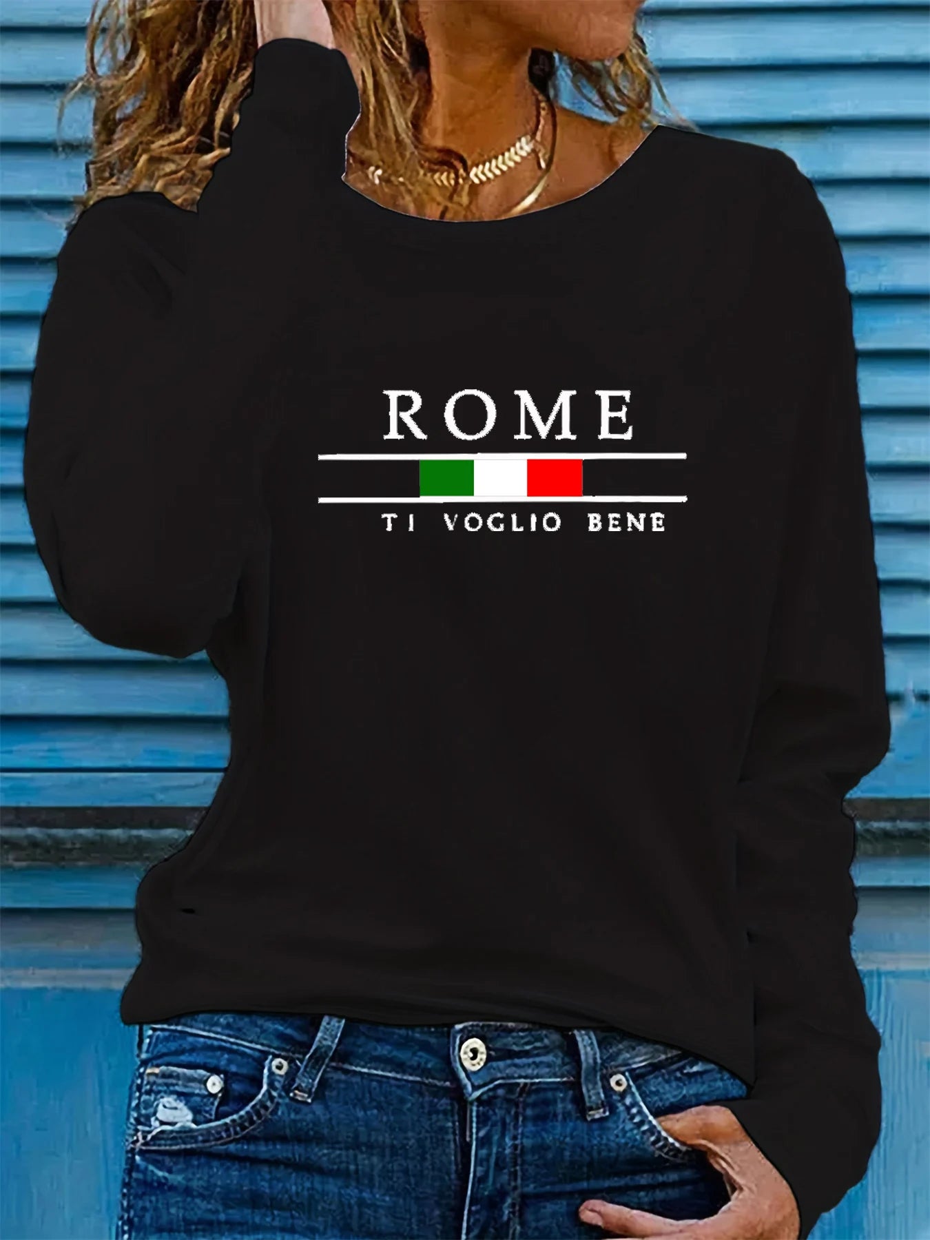 100% Cotton Long Sleeve ROME Pattern Printed Round Neck T-shirt - ATSProducts