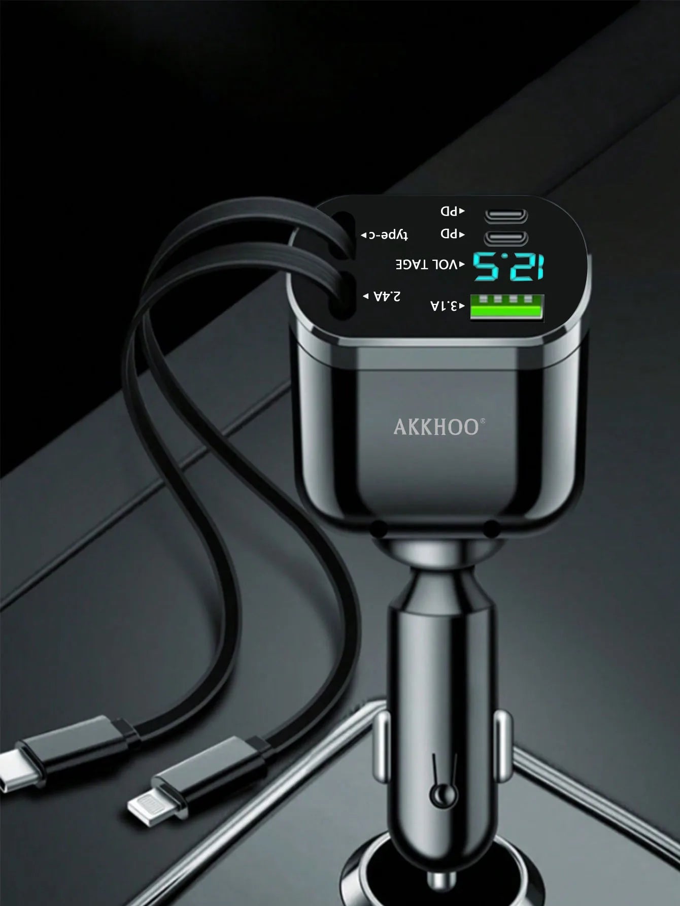 One-in-five Car Charger With Retractable cable, Built-In Retractable Cable