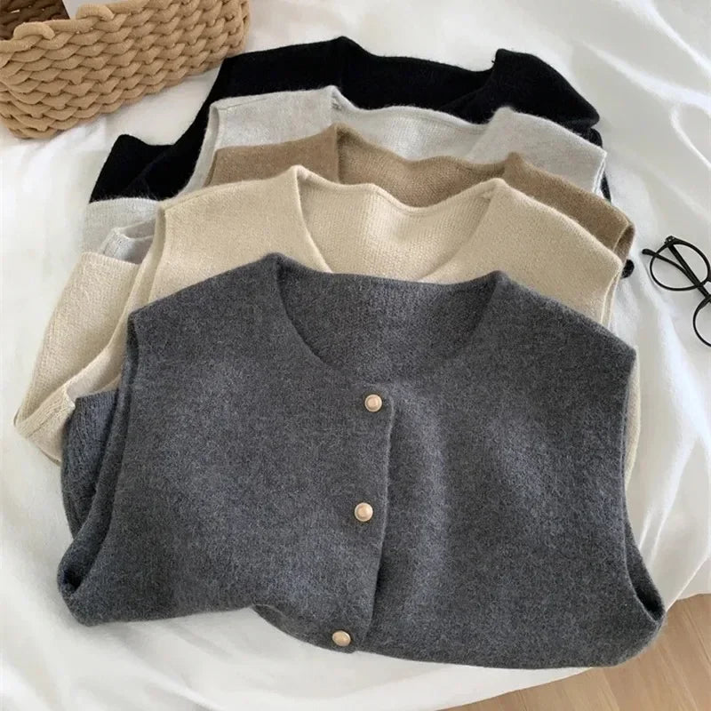 Crew Neck Korean Style Buttoned Short Sleeve Cardigan - ATSProducts