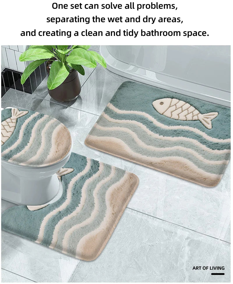 Fish and Wave Line Printed Pattern Bathroom Non Slip Mat - ATSProducts