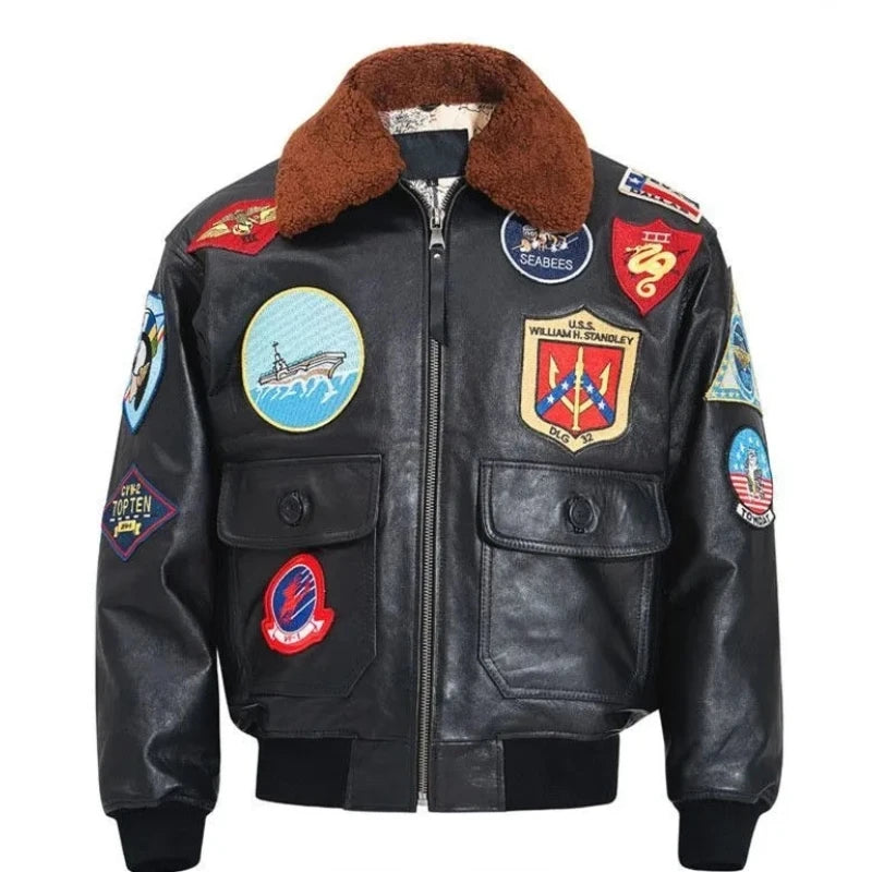 Black Leather Jacket Military Style Wool Collar Genuine Natural Sheepskin - ATSProducts