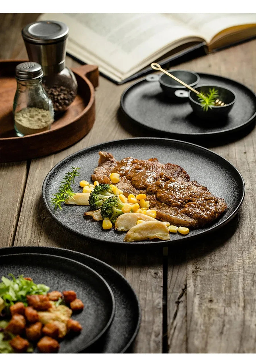 Ceramics Plate Set Home Black Plates Dishes Japanese Style Dinnerware Set Kitchen Decoration Steak Western Food Breakfast Plates - ATSProducts
