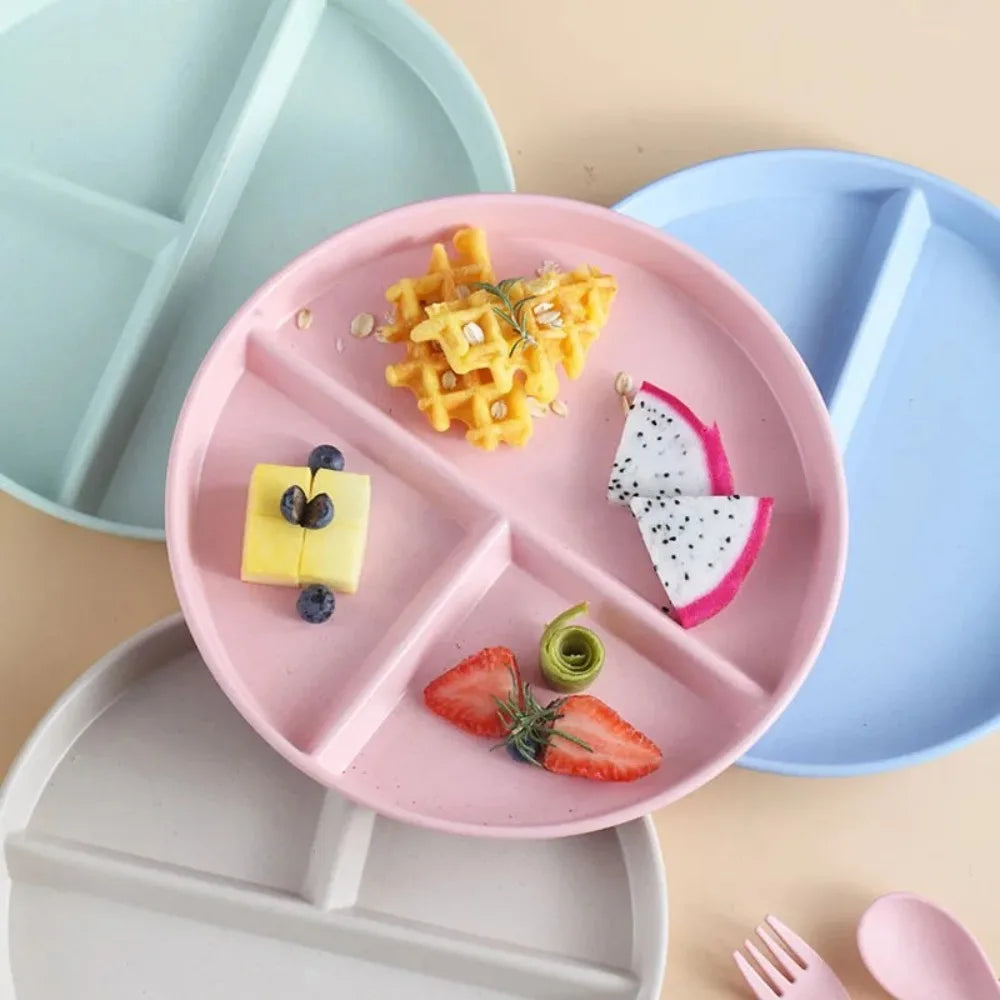 Three-Compartments Divided Plate Eco-Friendly Wheat Straw Reusable Children Dishes Anti-fall Plastic Kitchen Dinnerware Plates - ATSProducts