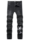 Men's Mid Waist White Embroidery Jeans - ATSProducts