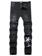 Men's Mid Waist White Embroidery Jeans - ATSProducts