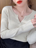 Aossviao Sweater Solid Rib Knit V Neck Shirt - ATSProducts