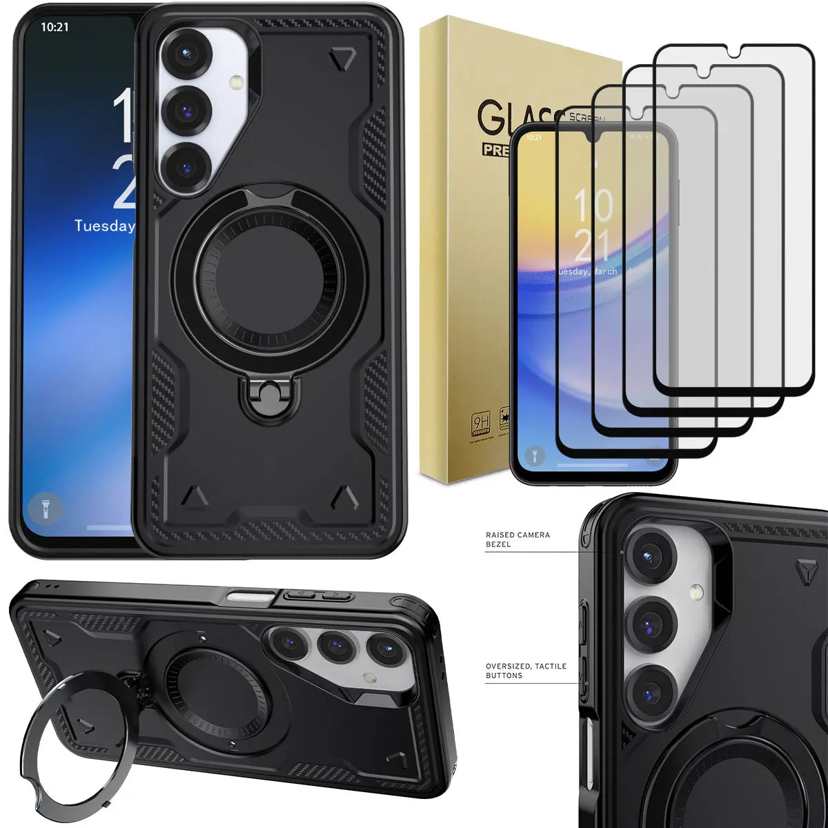 Shockproof Kickstand Cover And 4pcs Full Coverage Tempered Glass Screen Protectors - ATSProducts