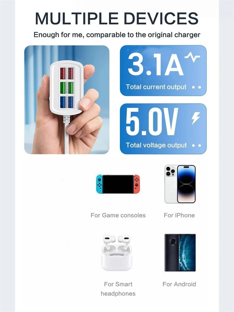 6 USB Charger Power Strip Universal Fast Charging