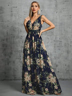 Mgiacy V-neck Sequin Belt Chiffon Full Swing Evening Gown - ATSProducts