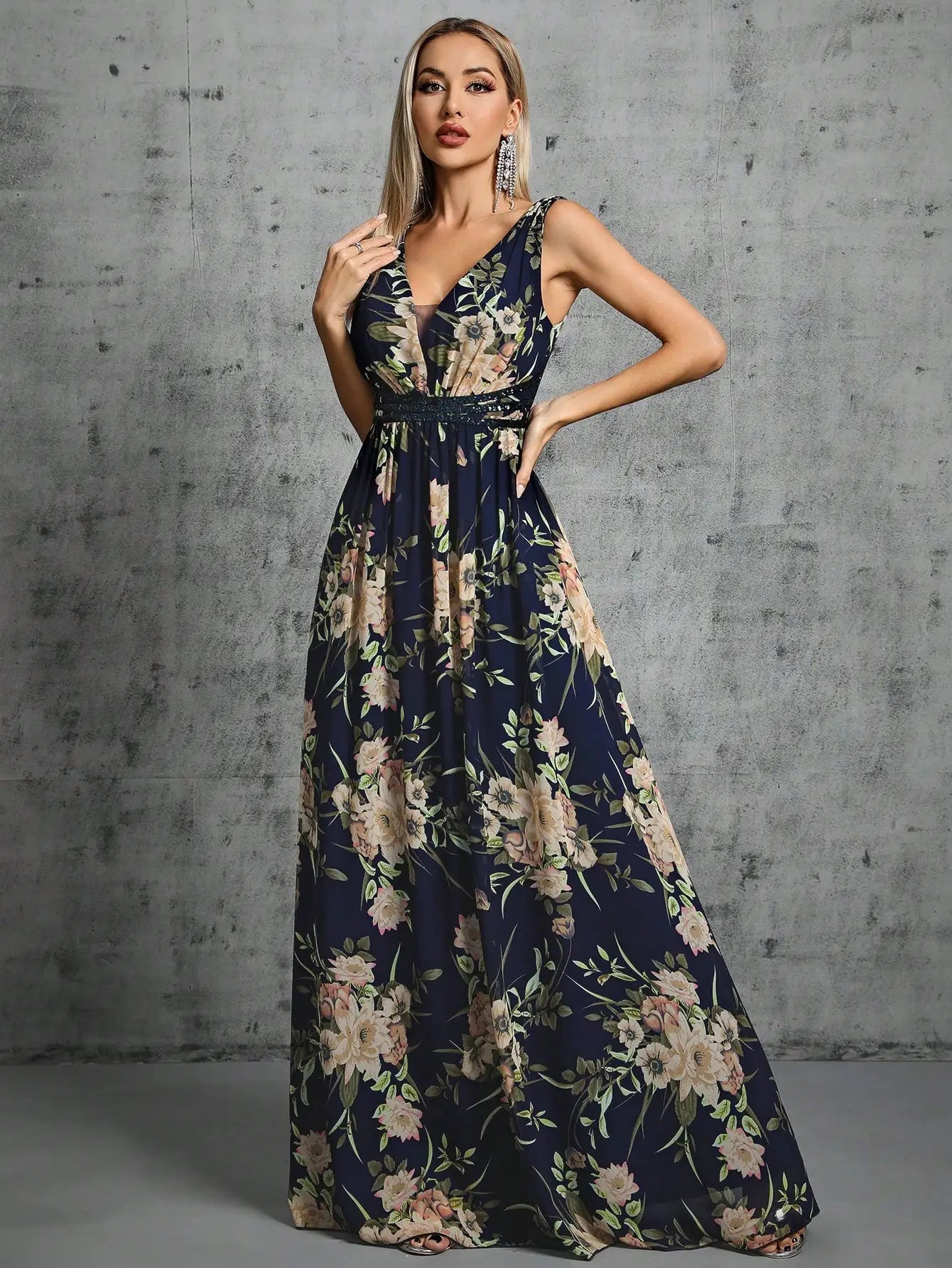 Mgiacy V-neck Sequin Belt Chiffon Full Swing Evening Gown - ATSProducts