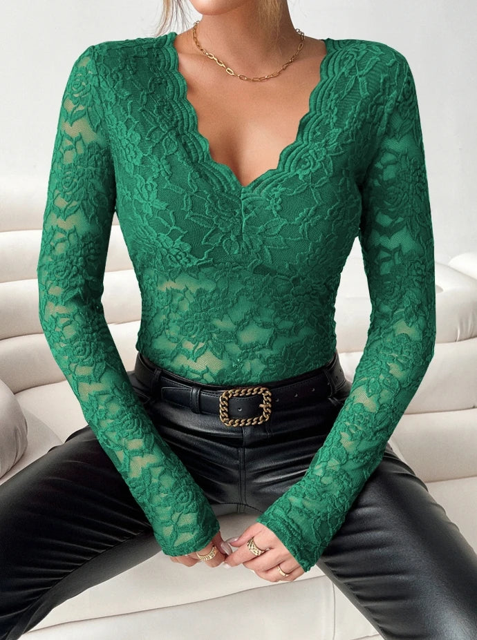 Eaeovni Embroidered Lace V-Neck Shirt - ATSProducts