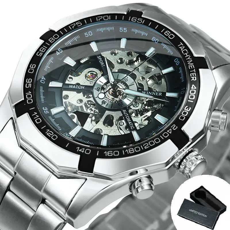 Skeleton Watch Luminous Hands Mechanical Watches Stainless Steel - ATSProducts
