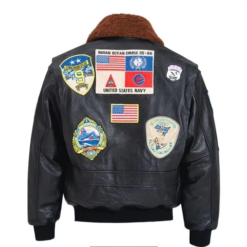 Black Leather Jacket Military Style Wool Collar Genuine Natural Sheepskin - ATSProducts