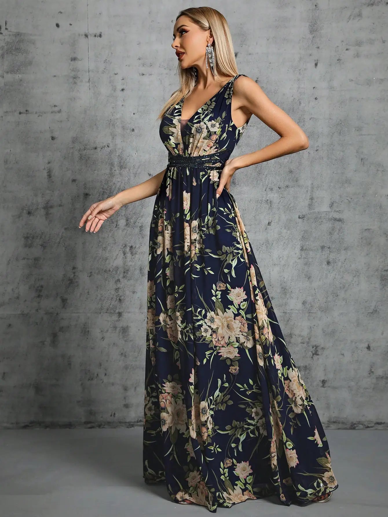 Mgiacy V-neck Sequin Belt Chiffon Full Swing Evening Gown - ATSProducts