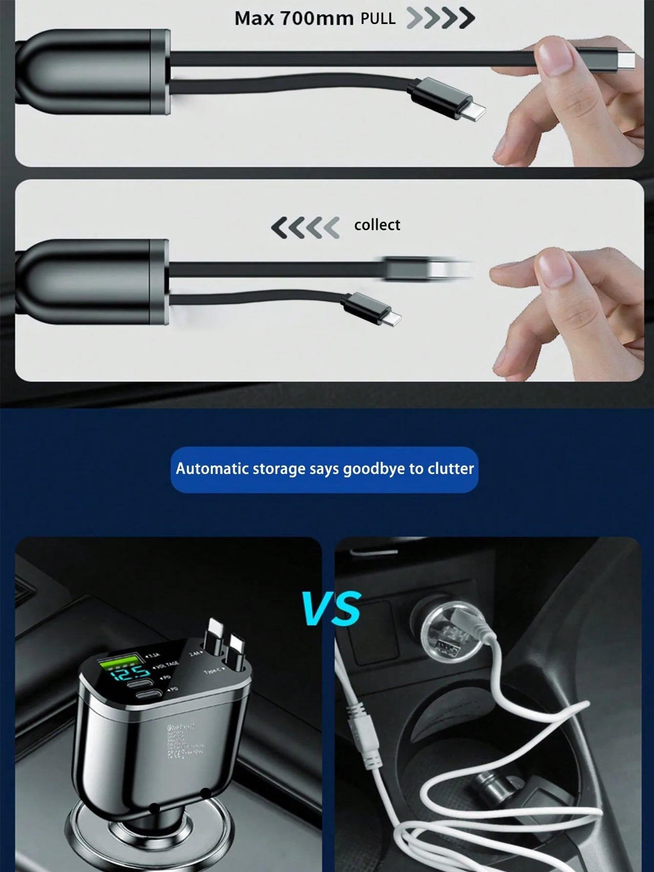 One-in-five Car Charger With Retractable cable, Built-In Retractable Cable