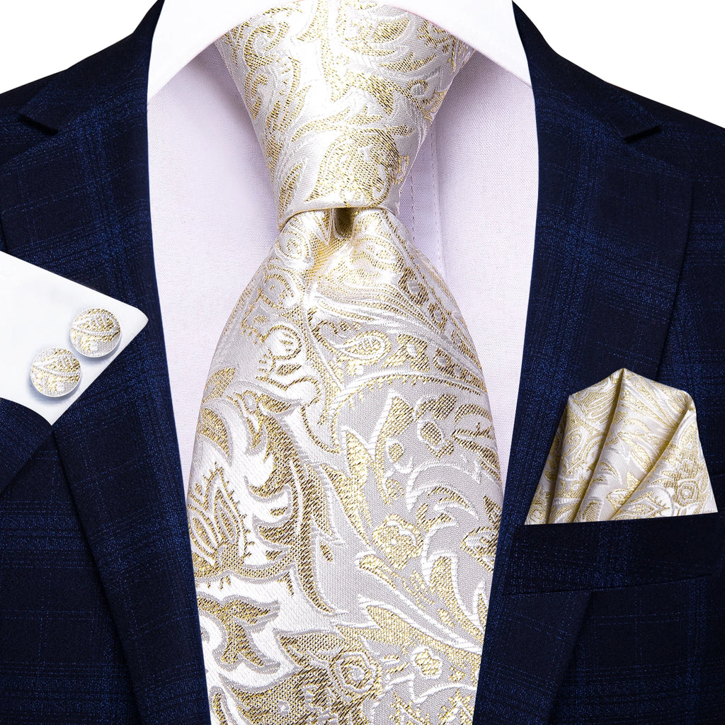 Hi-Tie Floral Champagne Ivory Mens Elegant Necktie - ATSProducts