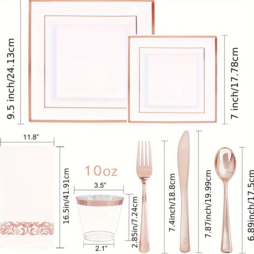 50 Guest Rose Gold Plastic Plates & Plastic Silverware - ATSProducts
