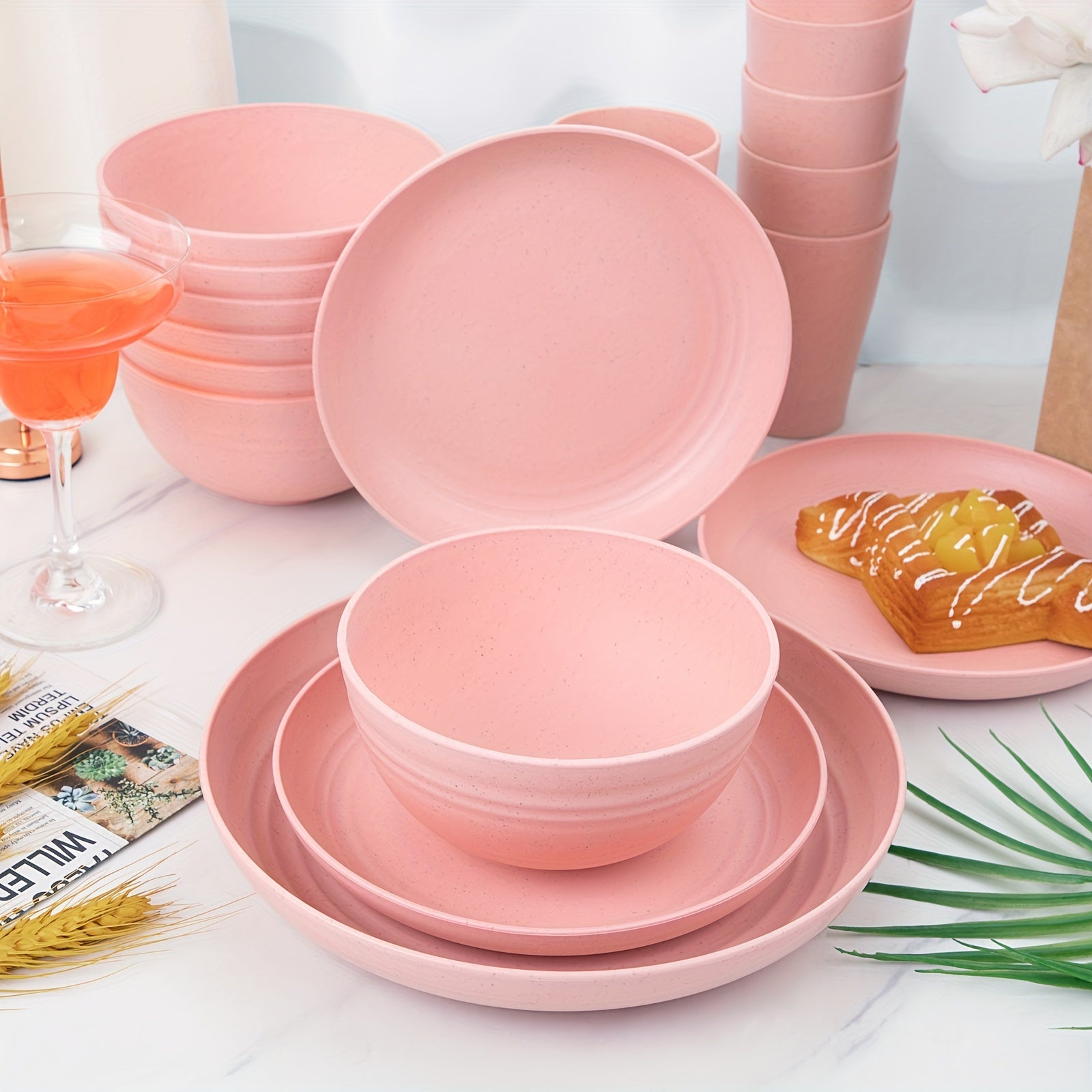 32pcs Pink Wheat Straw Dinnerware Set - ATSProducts