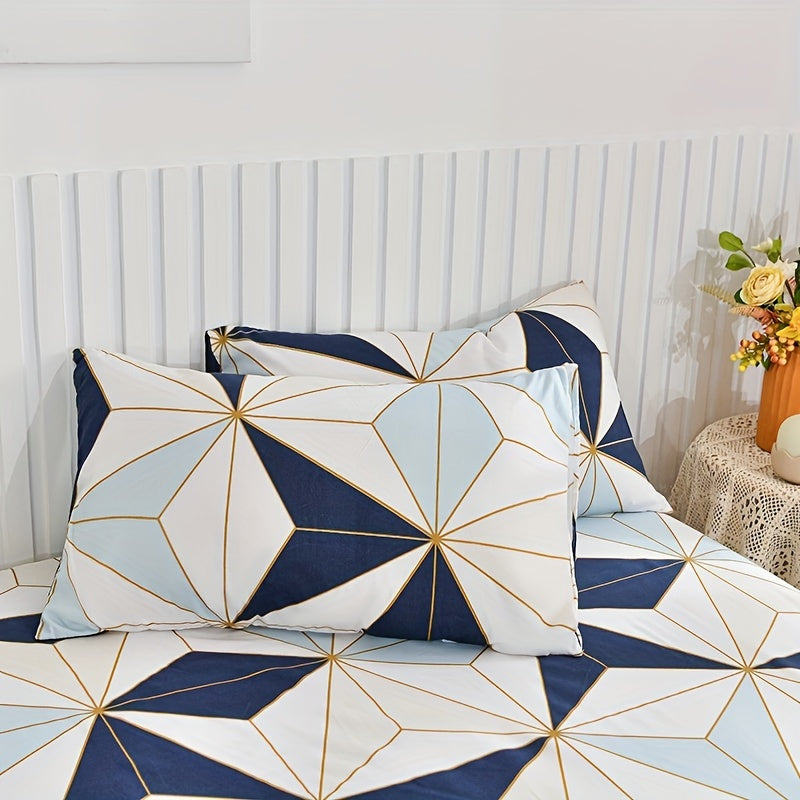 3pcs Polyester Geometric Argyle Print Fitted Sheet Set - ATSProducts
