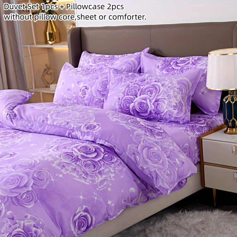 3-Piece Enchanting Purple Rose Printed Duvet Cover Set - ATSProducts