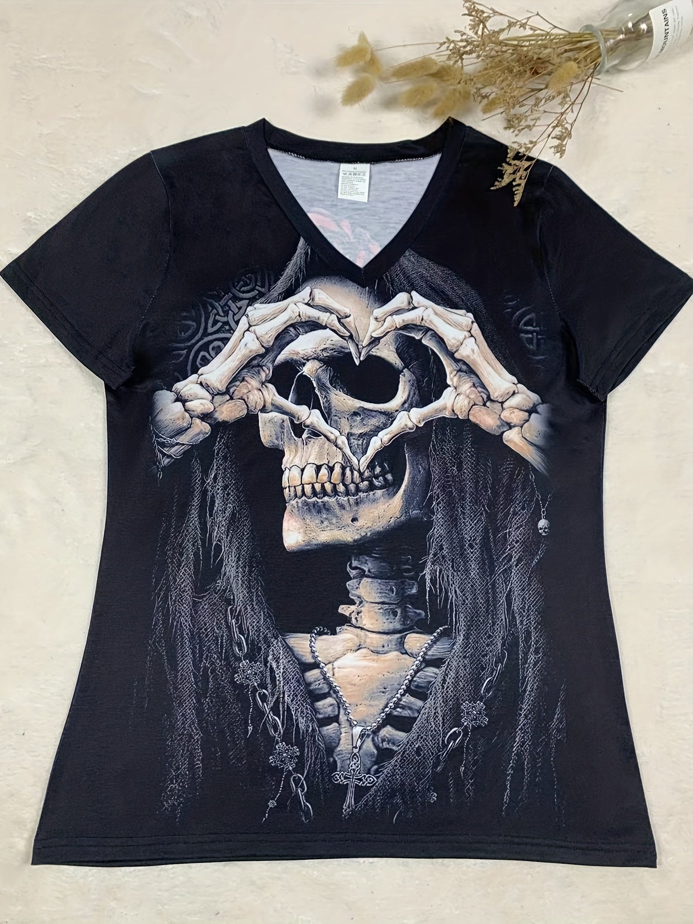 Skull & Heart Print V-Neck T-Shirt - ATSProducts