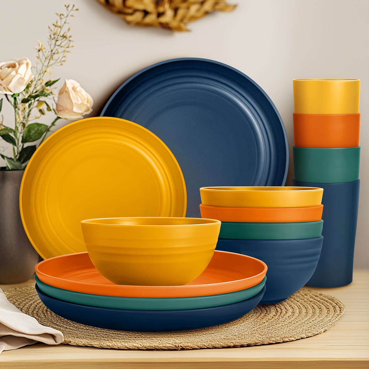 Teivio 32pcs Kitchen Plastic Wheat Straw Dinnerware Set - ATSProducts