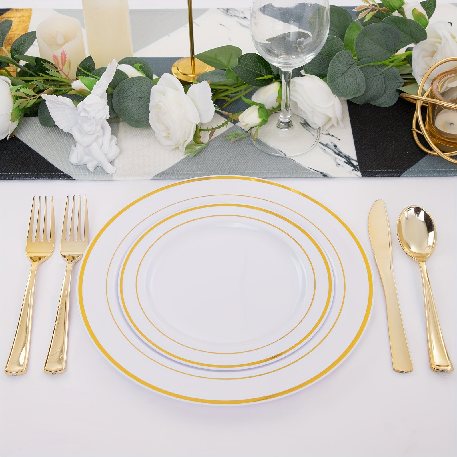 50pc Gold Plastic Plates With Silverware - ATSProducts