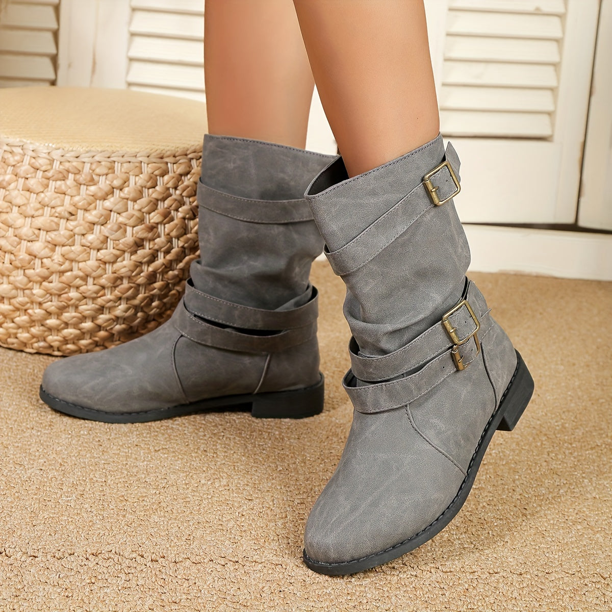 Ruched Buckle Decor Mid Calf Boots - ATSProducts