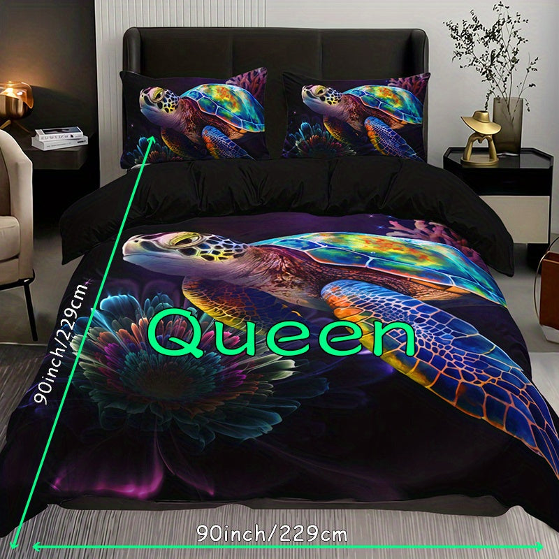 3pcs Vibrant Underwater Turtle & Floral Print Bedding Set - ATSProducts