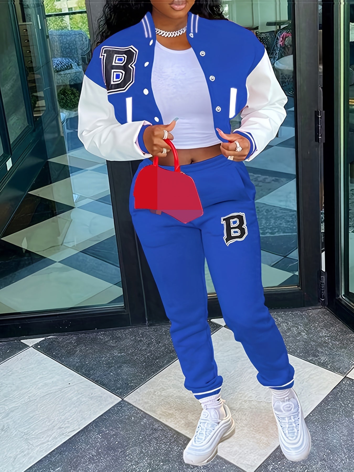 Letter Print Baseball Jacket and Pants Set - ATSProducts