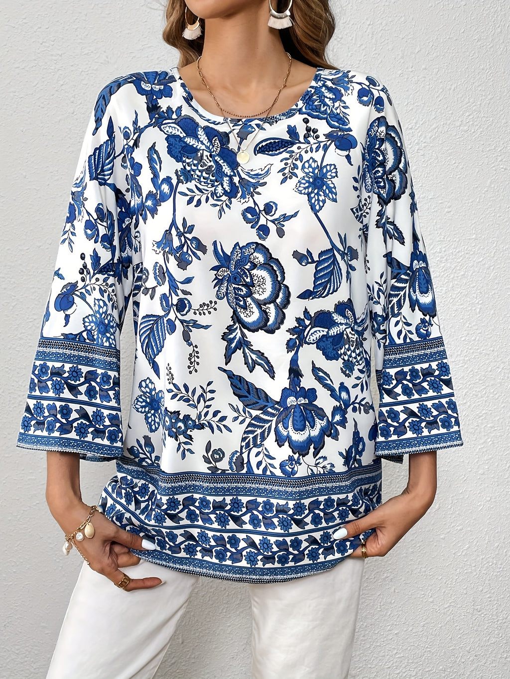 Classic Blue and White Porcelain Print Blouse - ATSProducts
