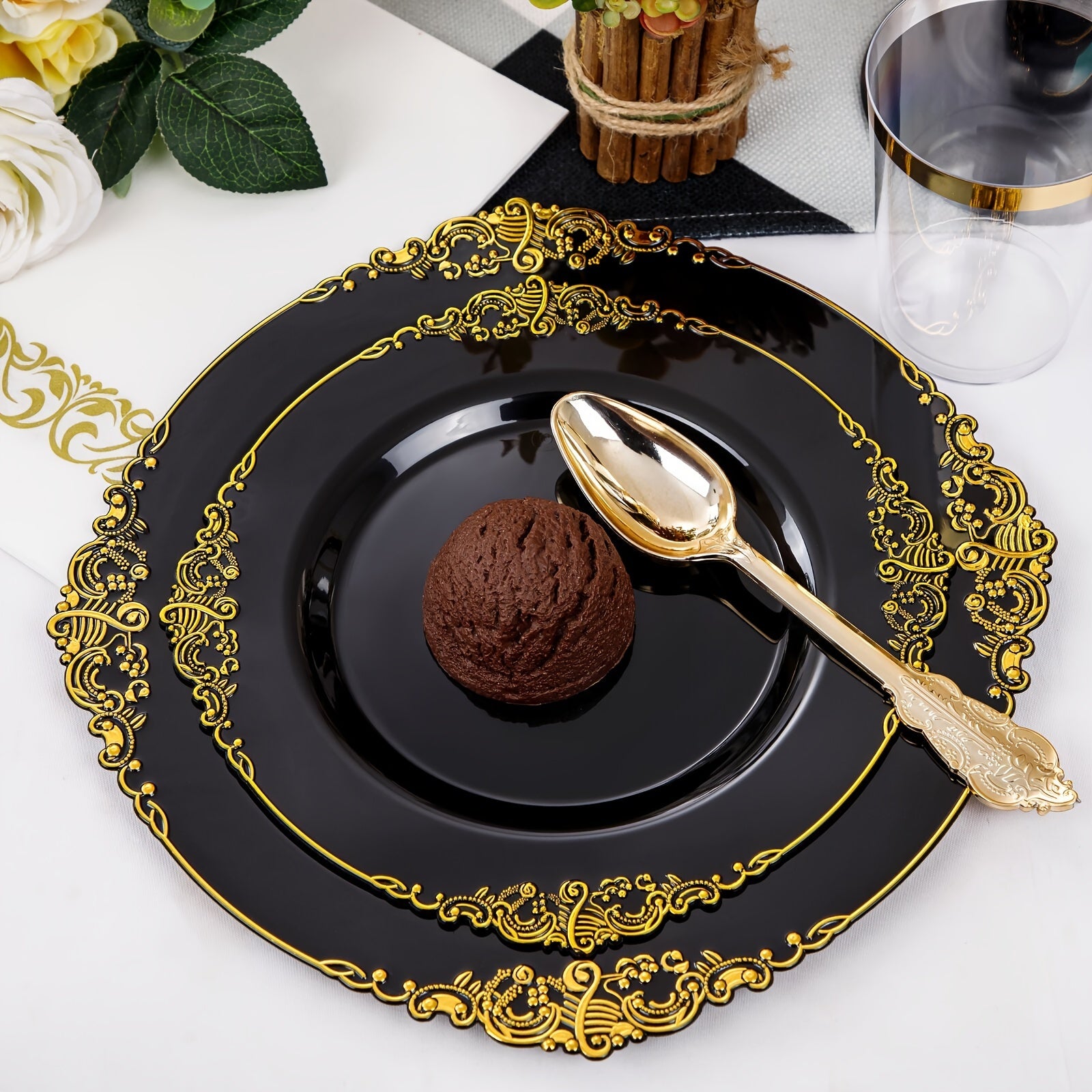 Nervure 350Pc Black & Gold Dinnerware Set - ATSProducts