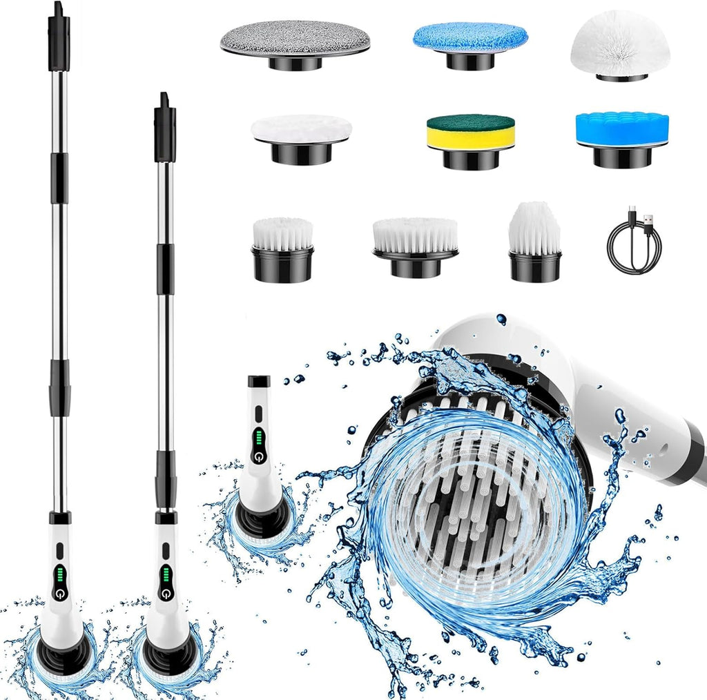 Electric Spin Scrubber, Cordless Cleaning Supplies Full-Body IPX7 Waterproof Power Shower Cleaner Brush with 9 Replaceable Brush Heads, Adjustable Extension Handle for Bathroom Accessories