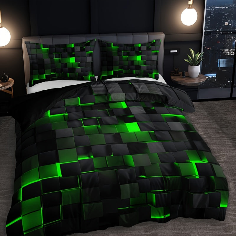 3pcs Stylish Tech-Themed Plaid Duvet Cover Set - ATSProducts