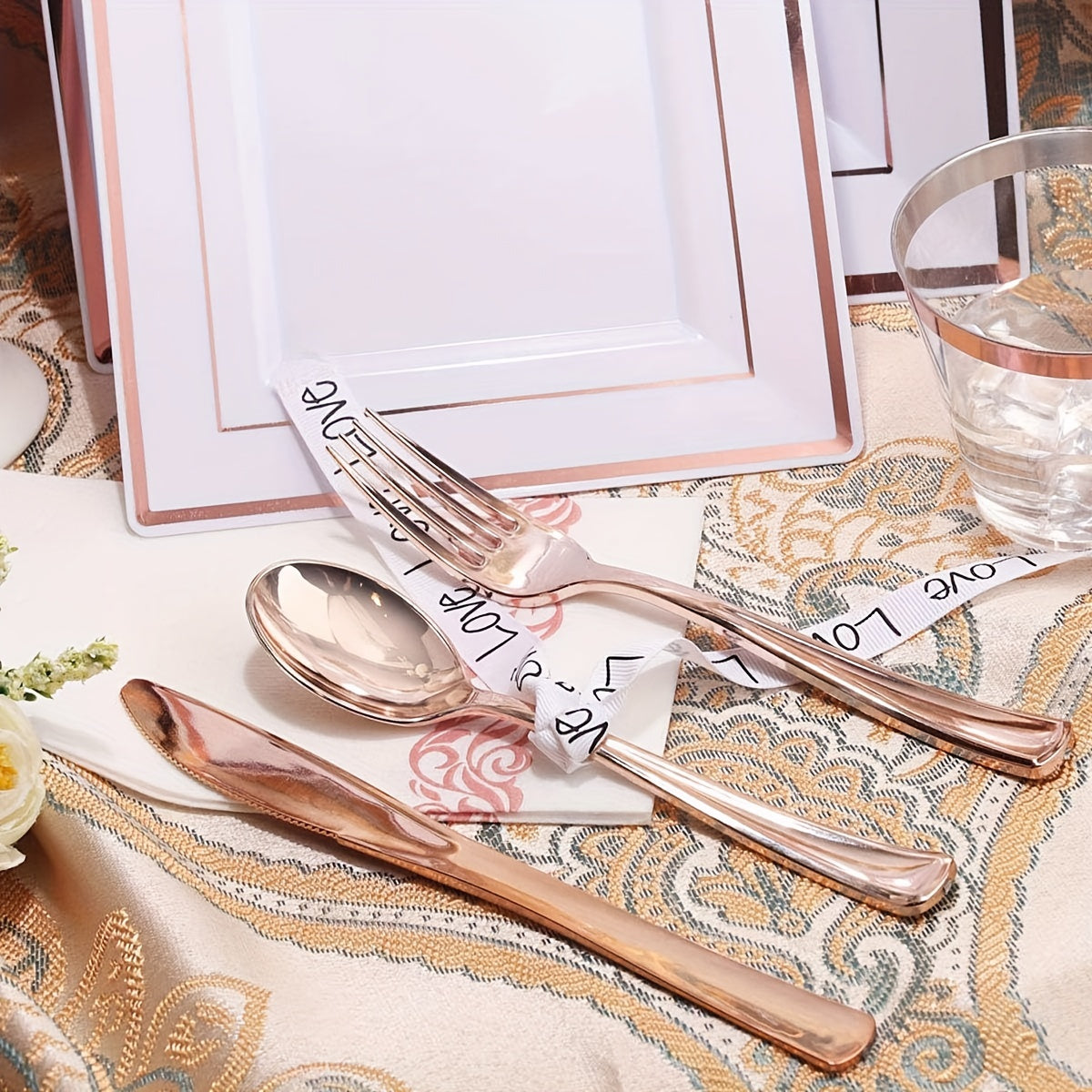 50 Guest Rose Gold Plastic Plates & Plastic Silverware - ATSProducts