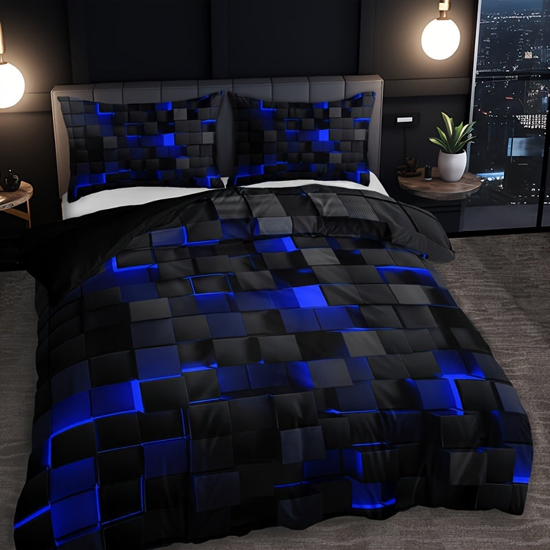 3pcs Stylish Tech-Themed Plaid Duvet Cover Set - ATSProducts