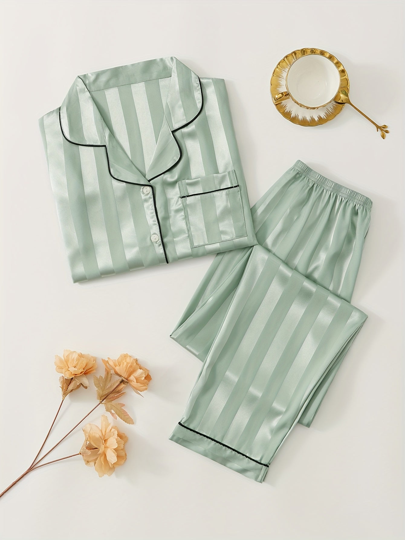 Striped Satin Pajamas With Buttons - ATSProducts