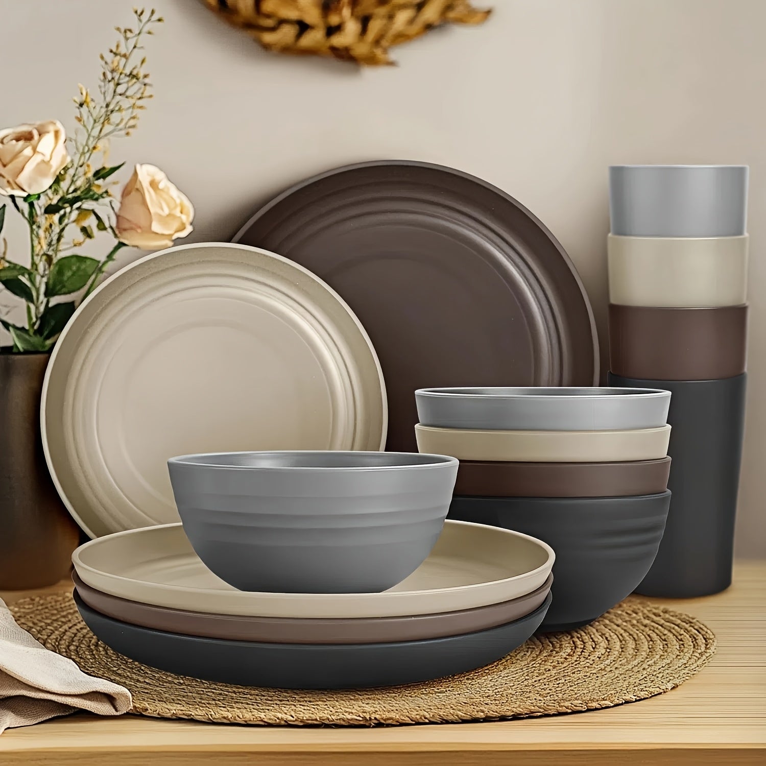 Teivio 32pcs Kitchen Plastic Wheat Straw Dinnerware Set - ATSProducts